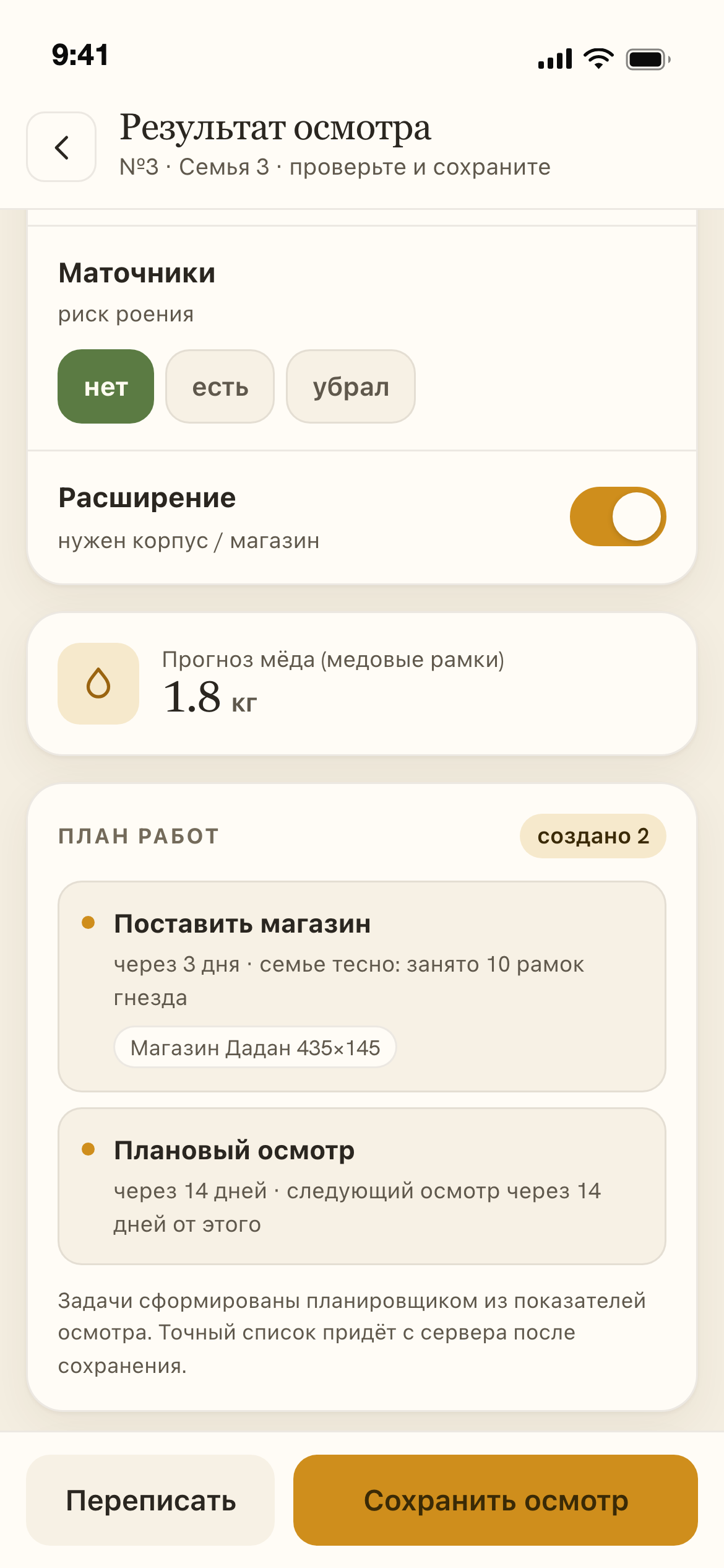 Результат осмотра: показатели и план работ